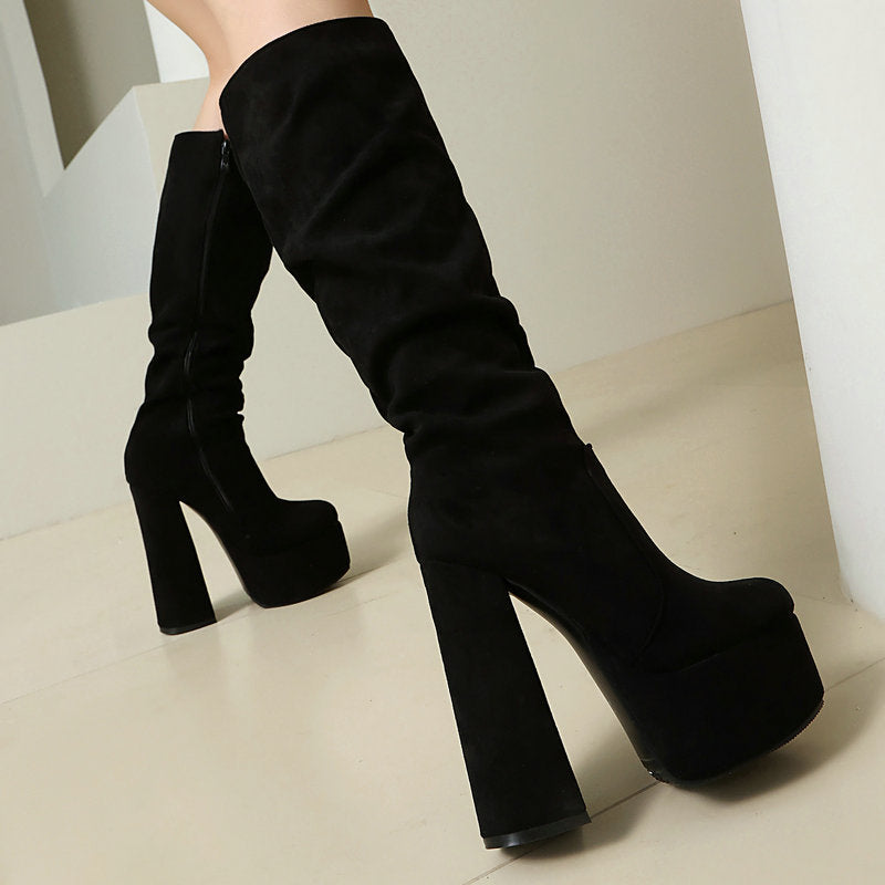 Womens Stretch Suede Waterproof Thick-soled High Heels