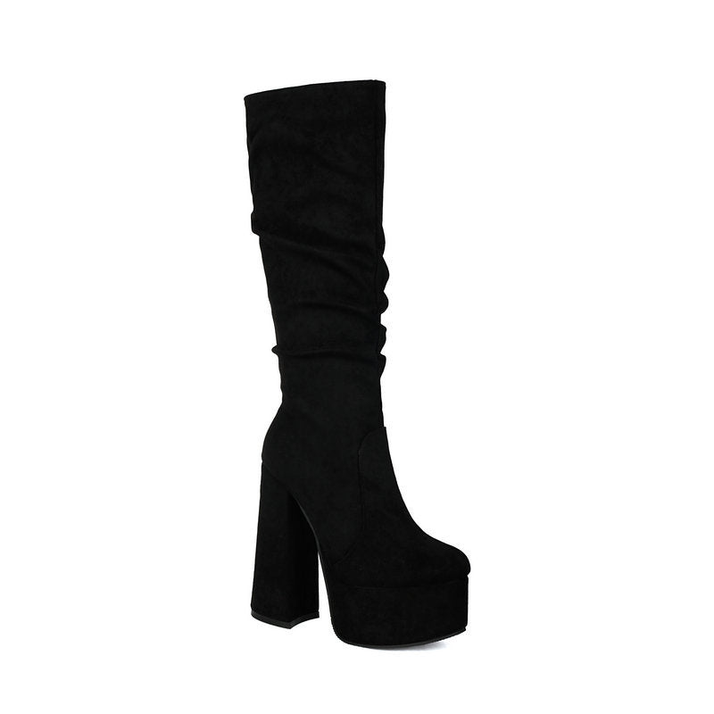 Womens Stretch Suede Waterproof Thick-soled High Heels