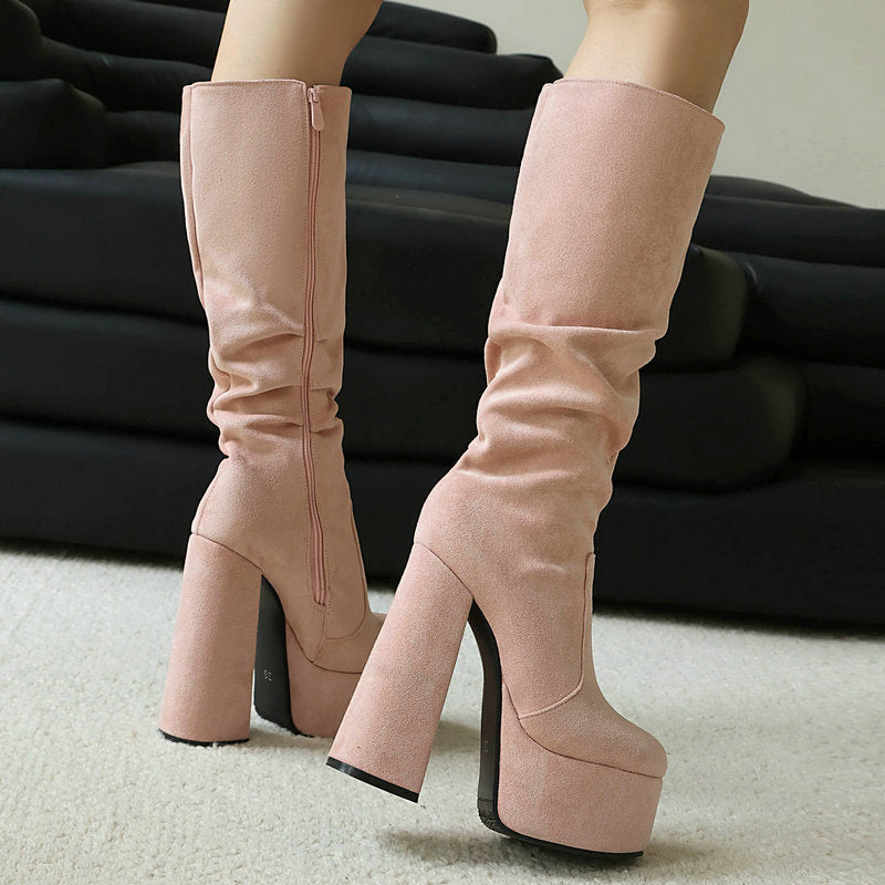 Womens Stretch Suede Waterproof Thick-soled High Heels